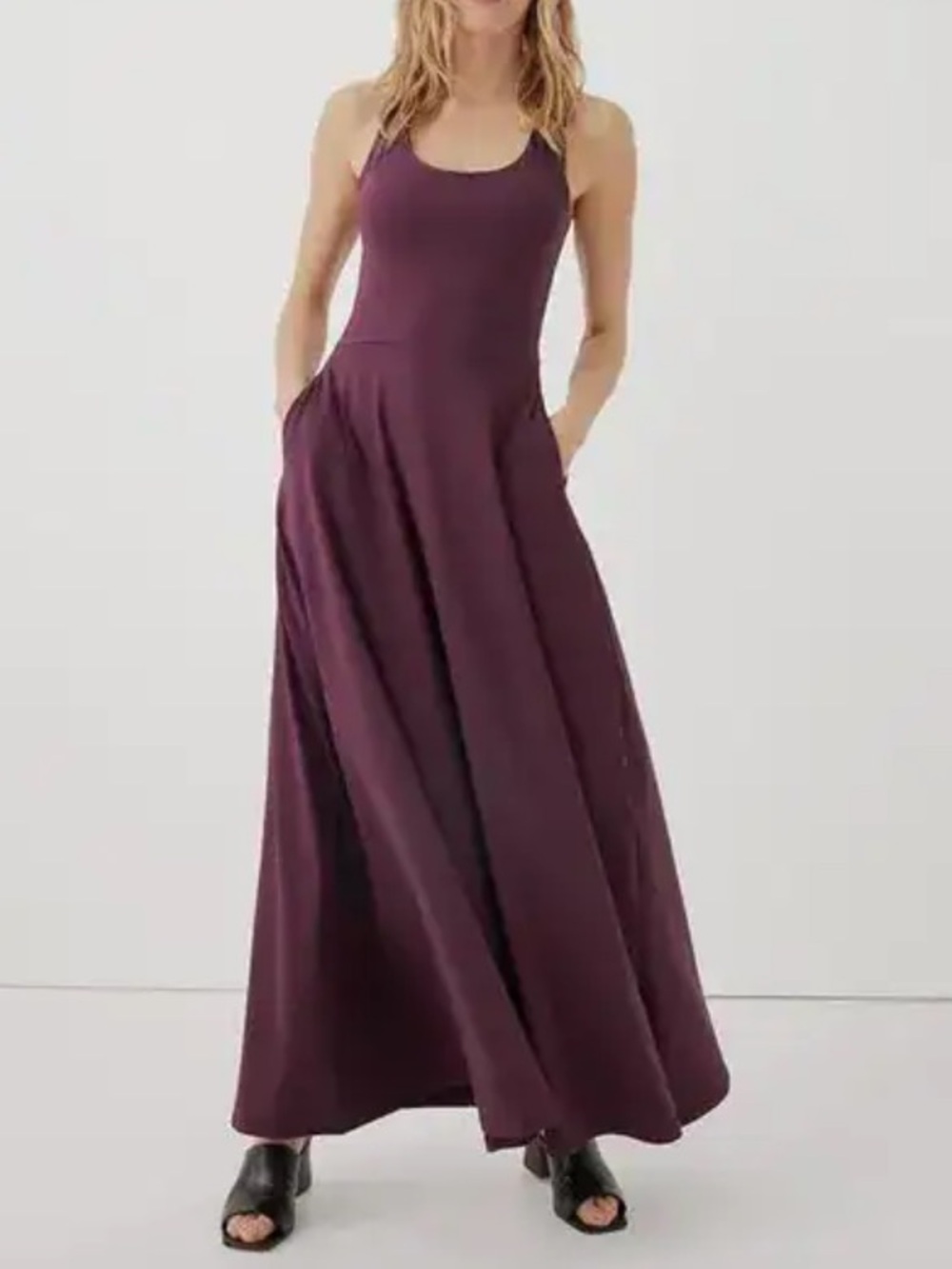 Pact Organic Fit & Flare Maxi Dress NWOT Sz S Purple White Polka Dots Cotton